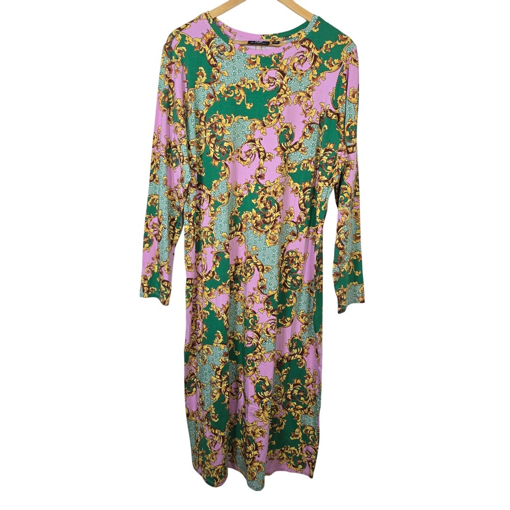 G by Giuliana Pink Green Baroque Scroll Print Long Sleeve Midi Dress Plus 1X
